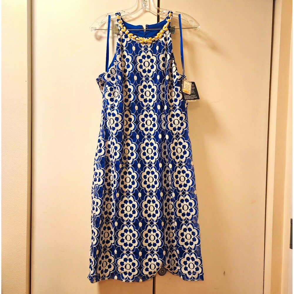 Nine West Blue White Floral Lace Halter Shift Knee Dress 14 Beaded Halter Nwt